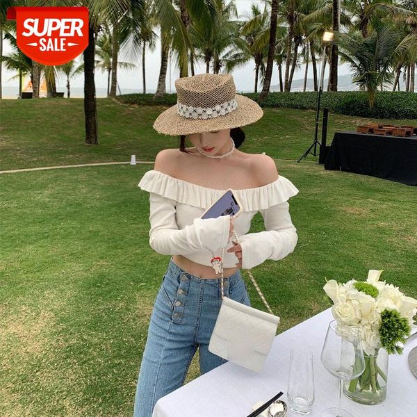 33 private service ruffled off-shoulder clavicle women's short waist long-sleeved t-shirt #g78b, White
33 private service ruffled off-shoulder clavicle women's short waist long-sleeved t-shirt #g78b, White