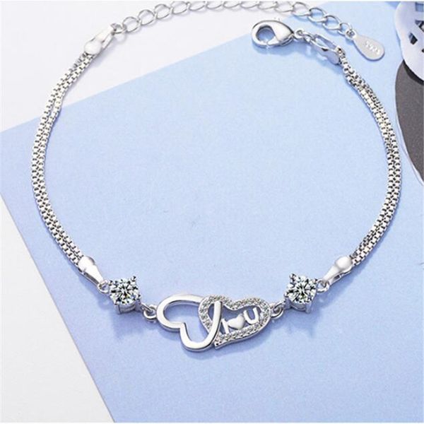 925 sterling silver double layer box chain crystal heart charm bracelet &bangle for women elegant wedding jewelry sl081, Black
925 sterling silver double layer box chain crystal heart charm bracelet &bangle for women elegant wedding jewelry sl081, Black