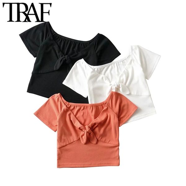women fashion with bow tied cropped ribbed knit t-shirt vintage v neck short sleeve female mujer 210507, White
women fashion with bow tied cropped ribbed knit t-shirt vintage v neck short sleeve female mujer 210507, White