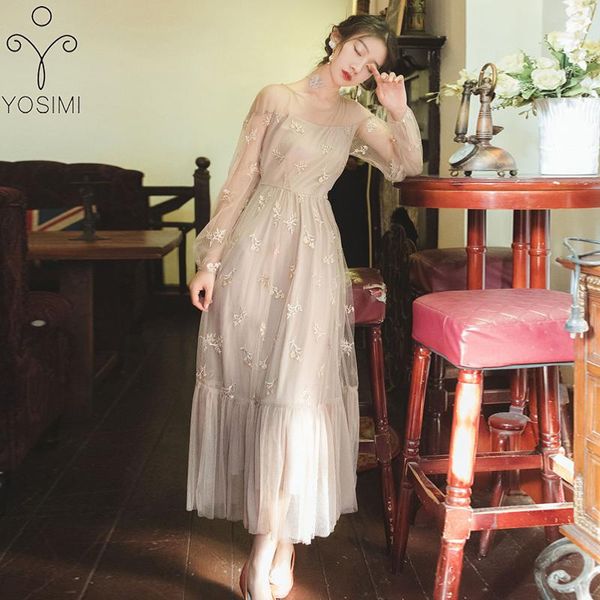 casual dresses yosimi 2021 khaki mesh long dress women o-neck floral embroidery party midi fit and flare sleeve elegant female, Black;gray
casual dresses yosimi 2021 khaki mesh long dress women o-neck floral embroidery party midi fit and flare sleeve elegant female, Black;gray