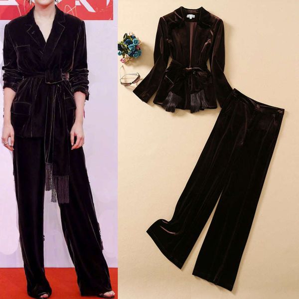 temperament commuting velvet spring and autumn women's new tassel tie suit with two piece wide leg pants, Black;white
temperament commuting velvet spring and autumn women's new tassel tie suit with two piece wide leg pants, Black;white
