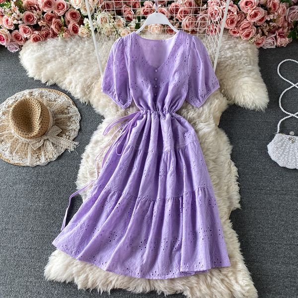 vintage purple/yellow/white embroidered dress for women summer v-neck single breasted short sleeve dstring vestido 2021, Black;gray
vintage purple/yellow/white embroidered dress for women summer v-neck single breasted short sleeve dstring vestido 2021, Black;gray