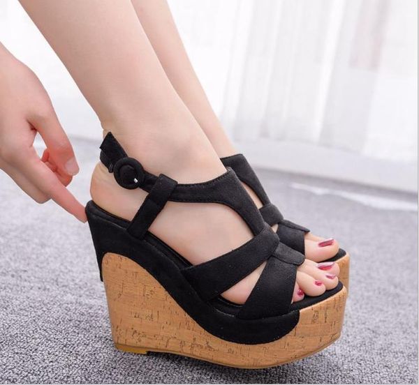 wedges shoes women sandals buckle peep toe platform summer fashion, Black