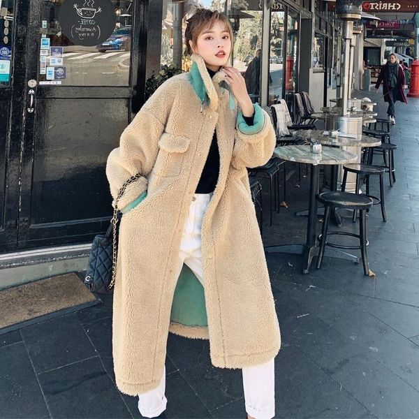 women's wool & blends winter lambs coat hit color fur one stand-up collar loose long thick fashion protect against the cold jacket fema, Black
women's wool & blends winter lambs coat hit color fur one stand-up collar loose long thick fashion protect against the cold jacket fema, Black