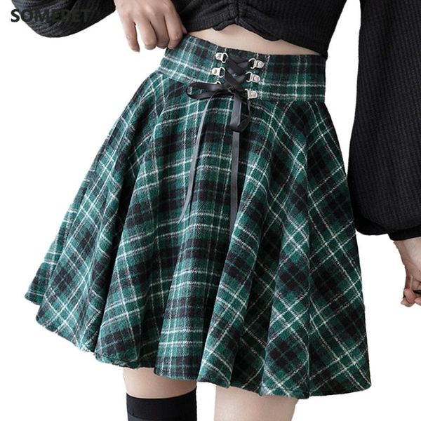 skirts gothic punk harajuku women plaid print skirt lace up hip hop winter casual green grey red pleated woolen skater 2021, Black 
skirts gothic punk harajuku women plaid print skirt lace up hip hop winter casual green grey red pleated woolen skater 2021, Black