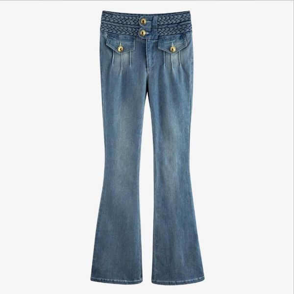 women's jeans heavy industry twist waist metal buttons pleated strip high was thin female personality denim flared pants f1628, Blue