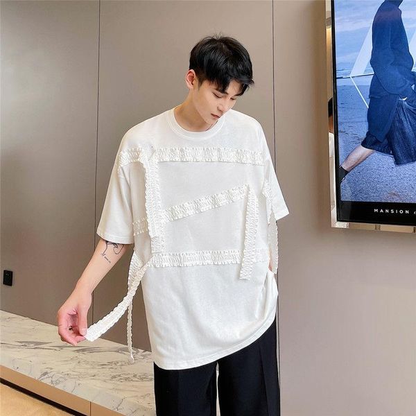 men's t-shirts summer advanced ribbon design half sleeve t-shirt fashion versatile trend lace patch round neck t shirt men, White;black
men's t-shirts summer advanced ribbon design half sleeve t-shirt fashion versatile trend lace patch round neck t shirt men, White;black