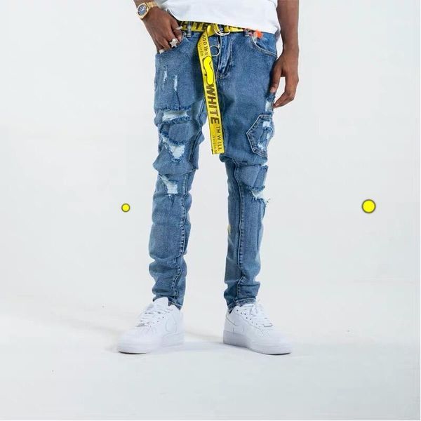 men's jeans high street tide brand warning line yellow stripe blue wash slim torn beggar pants quality
men's jeans high street tide brand warning line yellow stripe blue wash slim torn beggar pants quality