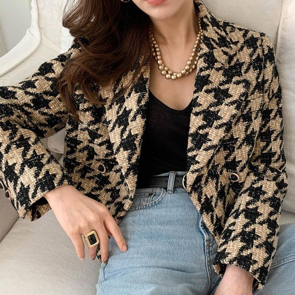 women's jackets nowsaa 2021 autumn female turn down collar double breasted minimalist loose plaid cotton heavy tweed jacket cardigan co, Black;brown
women's jackets nowsaa 2021 autumn female turn down collar double breasted minimalist loose plaid cotton heavy tweed jacket cardigan co, Black;brown
