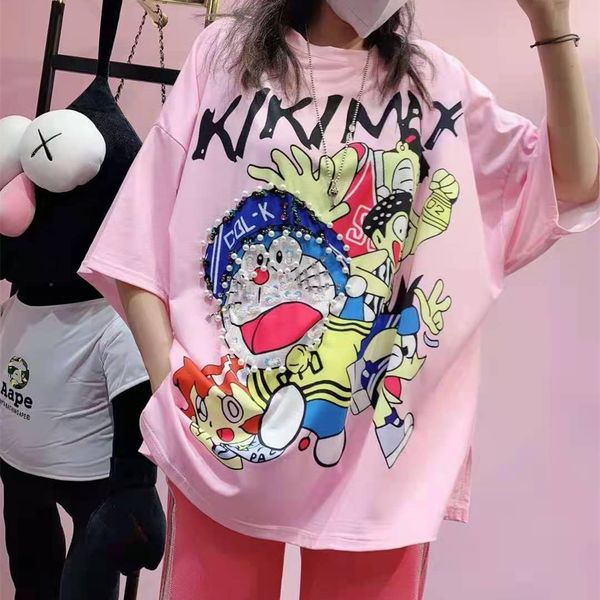 t shirt women's 2021 summer cartoon printing pin bead sequin loose medium length fashion brand short sleeve, White
t shirt women's 2021 summer cartoon printing pin bead sequin loose medium length fashion brand short sleeve, White