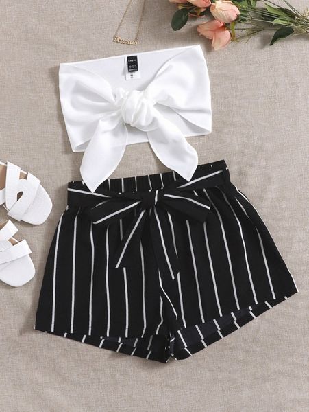 tie front crop tube & striped belted shorts set n1lw#, White