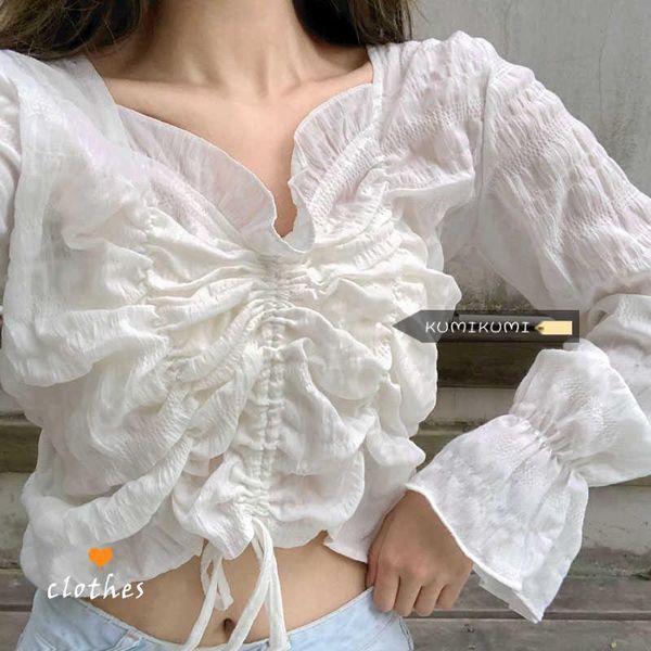 women's blouses & shirts fairy french drawstring v-neck bubble sleeve short shirt white 2021 spring long 
women's blouses & shirts fairy french drawstring v-neck bubble sleeve short shirt white 2021 spring long