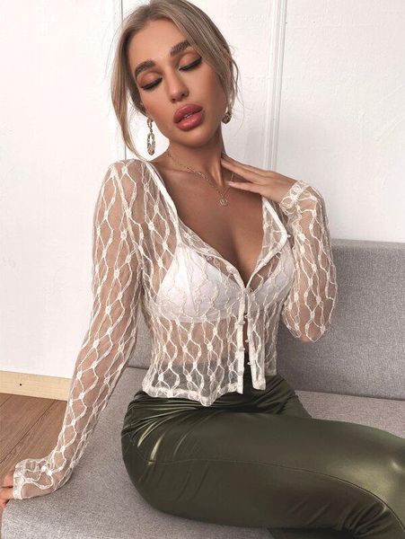 women lace , adults see-through long sleeve round neck button down cardigan women's t-shirt, White
women lace , adults see-through long sleeve round neck button down cardigan women's t-shirt, White