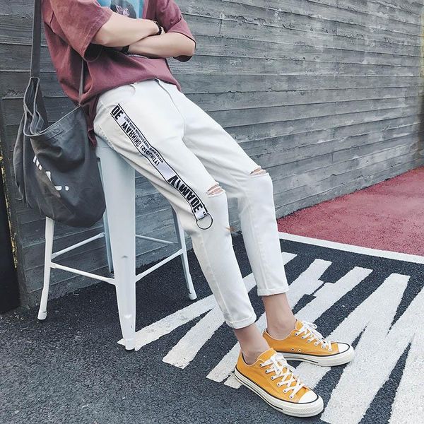 men's jeans 2021 hong kong style korean slim feet ankle casual pants cut hole wild harajuku hip hop streetwear ribbon men, Blue
men's jeans 2021 hong kong style korean slim feet ankle casual pants cut hole wild harajuku hip hop streetwear ribbon men, Blue