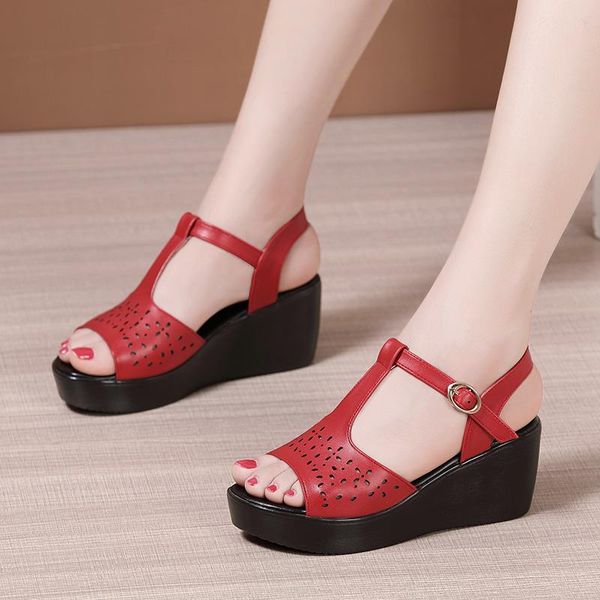 dress shoes mother's sandals women's summer 2021 soft bottom hollow middle heel wedges, Black