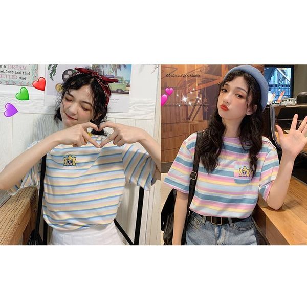 women's t-shirt fashion summer casual cartoon print t shirt short sleeve o-neck rainbow striped loose tee, White
women's t-shirt fashion summer casual cartoon print t shirt short sleeve o-neck rainbow striped loose tee, White