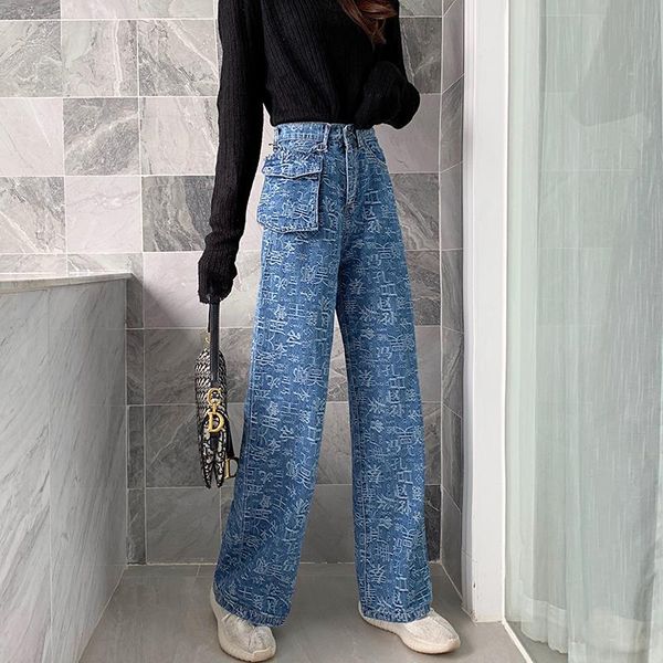 women's jeans autumn and winter with the tide of tall waist trousers female jacquard loose straight pouches bf wind falling wide-legged, Blue
women's jeans autumn and winter with the tide of tall waist trousers female jacquard loose straight pouches bf wind falling wide-legged, Blue