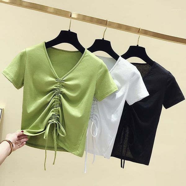 women's t-shirt short tshirt crop v-neck basic fold t shirt summer sleeve cotton lace up tee femme women clothes green, White
women's t-shirt short tshirt crop v-neck basic fold t shirt summer sleeve cotton lace up tee femme women clothes green, White