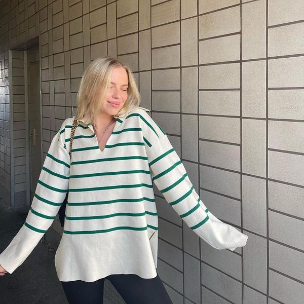 women's sweaters junwu autumn women green striped print round neck long sleeve loose split design knitted sweater pullover casual colle, White;black
women's sweaters junwu autumn women green striped print round neck long sleeve loose split design knitted sweater pullover casual colle, White;black