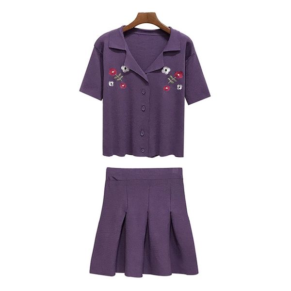 women set notch collar two pieces skirt floral embroidery knitted shirt green white fuchsia purple summer t0220 210514
women set notch collar two pieces skirt floral embroidery knitted shirt green white fuchsia purple summer t0220 210514