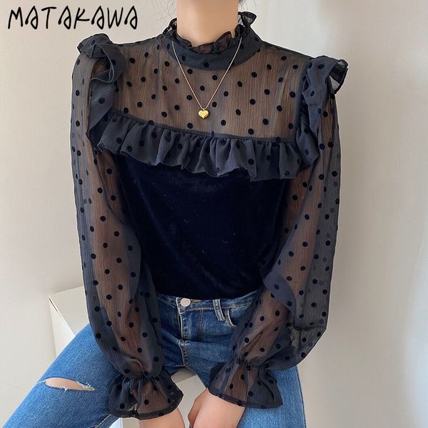 matakawa french retro stand collar blusas ruffles polka dot perspective mesh stitching shirt velvet flared sleeve women blouses 210513, White
matakawa french retro stand collar blusas ruffles polka dot perspective mesh stitching shirt velvet flared sleeve women blouses 210513, White