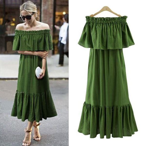 women ruffle maxi off shoulder summer sundress stretch slash neck loose green vocation long beach dress 210415, Black;gray
women ruffle maxi off shoulder summer sundress stretch slash neck loose green vocation long beach dress 210415, Black;gray