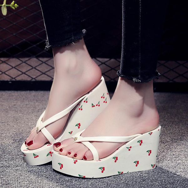 slippers fashion large size high-heeled 8cm women flip flops bow beach vacation high-quality brand, Black