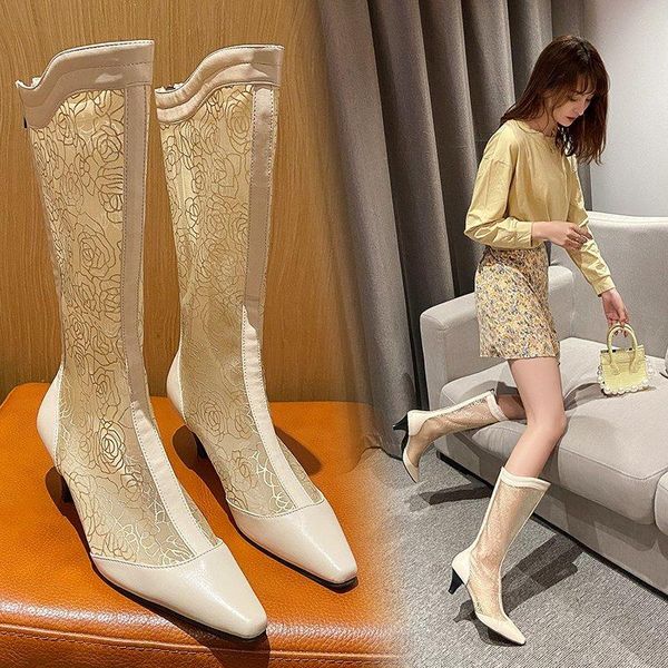 summer sandals net yarn long cool booties pointed toe kitten heel temperament printing fashion knee boots single, Black
summer sandals net yarn long cool booties pointed toe kitten heel temperament printing fashion knee boots single, Black