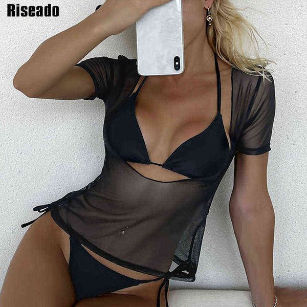 riseado black 3 piece bikini set push up swimsuit women swimwear short sleeve beach cover up mesh brazilian biquini female, White;black