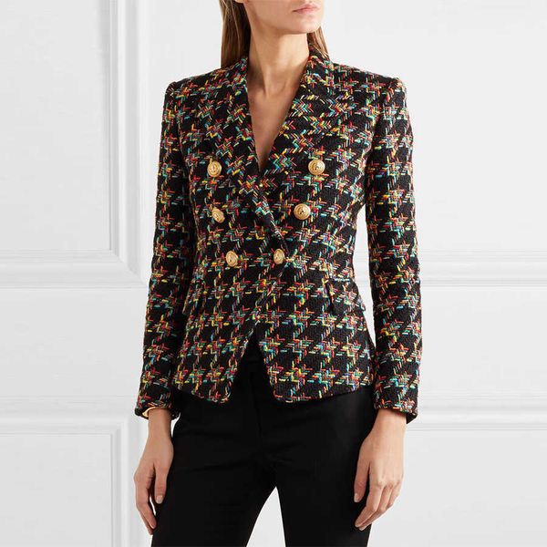 high street est runway designer blazer women's lion metal buttons houndstooth short jacket coat 210930, White;black
high street est runway designer blazer women's lion metal buttons houndstooth short jacket coat 210930, White;black