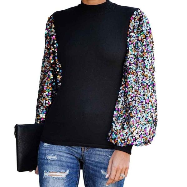 women's t-shirt leisure half high collar patchwork women lantern long sleeves party glitter casual loose spring autumn winter sequined, White
women's t-shirt leisure half high collar patchwork women lantern long sleeves party glitter casual loose spring autumn winter sequined, White