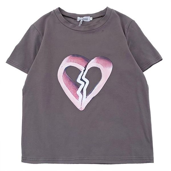 women's t-shirt gray coffee color distressed three-dimensional love heart print summer o neck slim all-match, White
women's t-shirt gray coffee color distressed three-dimensional love heart print summer o neck slim all-match, White