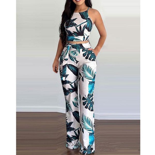 women's two piece pants women fashion leaves printed sets outfits strap crop + pocket long summer casual female clothing, White
women's two piece pants women fashion leaves printed sets outfits strap crop + pocket long summer casual female clothing, White