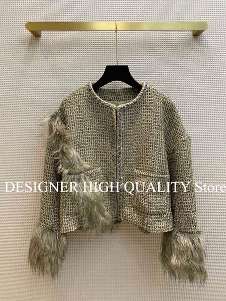 women's wool & blends 2021 autumn winter gold thread plaid retro tweed jacket o-neck fashion faux fur cuff patchwork luxury designer lo, Black
women's wool & blends 2021 autumn winter gold thread plaid retro tweed jacket o-neck fashion faux fur cuff patchwork luxury designer lo, Black