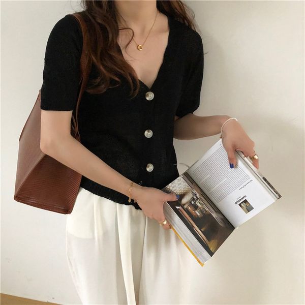 thin retro slim knitting summer chic all match fashion vintage v-neck short sleeves cardigans sweaters 210421, White;black
thin retro slim knitting summer chic all match fashion vintage v-neck short sleeves cardigans sweaters 210421, White;black