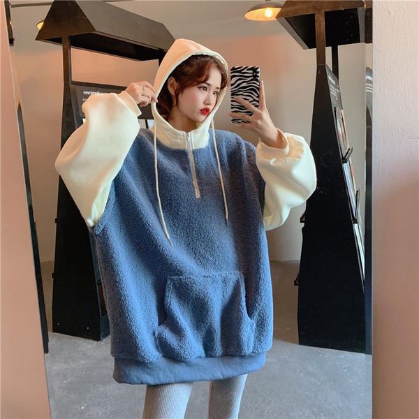 women's sweaters korean-style loose-fit pullover panel faux lambswool plus thick velvet hooded mock two-piece jacket, White;black
women's sweaters korean-style loose-fit pullover panel faux lambswool plus thick velvet hooded mock two-piece jacket, White;black
