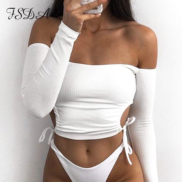 2021 summer long sleeve crop white women off shoulder bandage black t shirt lace up ribber shirts sexy, Black;white
2021 summer long sleeve crop white women off shoulder bandage black t shirt lace up ribber shirts sexy, Black;white