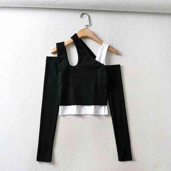 women's t-shirt clothing autumn style black fashion show thin false two stacked wear navel slim short long-sleeved, White
women's t-shirt clothing autumn style black fashion show thin false two stacked wear navel slim short long-sleeved, White