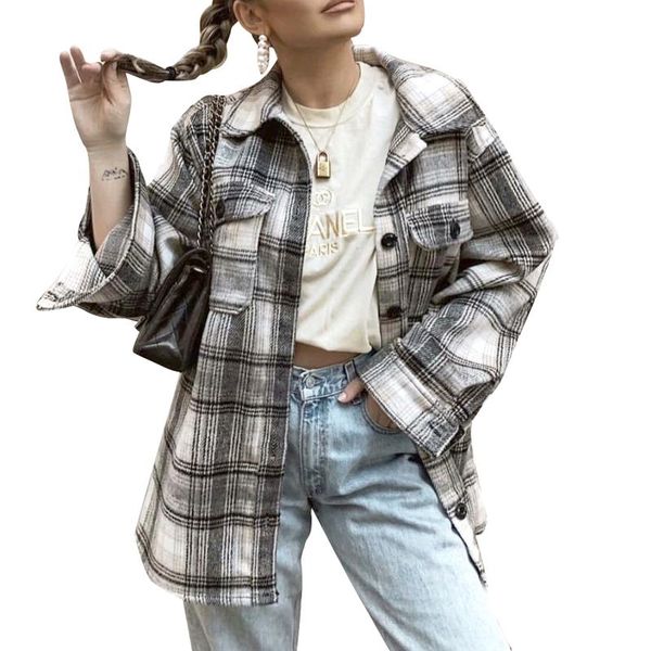 women's jackets meihuida 2021 fashion button down jacket, classic long sleeve plaid print loose coat with front pockets, Black;brown 
women's jackets meihuida 2021 fashion button down jacket, classic long sleeve plaid print loose coat with front pockets, Black;brown