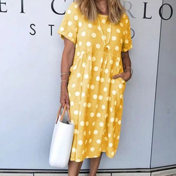 2021amazon polka dot print pocket loose short sleeve round neck dress, White;black