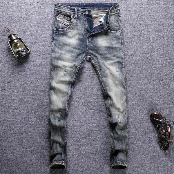 men's jeans italian style fashion men retro wash elastic slim fit ripped frayed hole vintage designer casual denim pants, Blue
men's jeans italian style fashion men retro wash elastic slim fit ripped frayed hole vintage designer casual denim pants, Blue