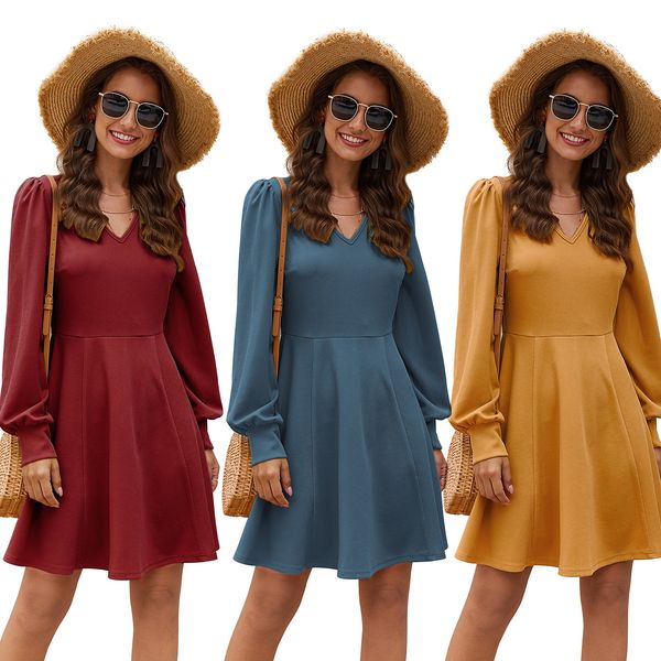 european and american fashion women's v-neck solid color long sleeve waist tuck dress in 2021, Black;gray
european and american fashion women's v-neck solid color long sleeve waist tuck dress in 2021, Black;gray