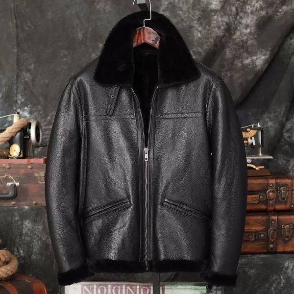 men's leather & faux winter original ecological fur integrated biker jacket first layer sheep wool leisure coat, Black
men's leather & faux winter original ecological fur integrated biker jacket first layer sheep wool leisure coat, Black