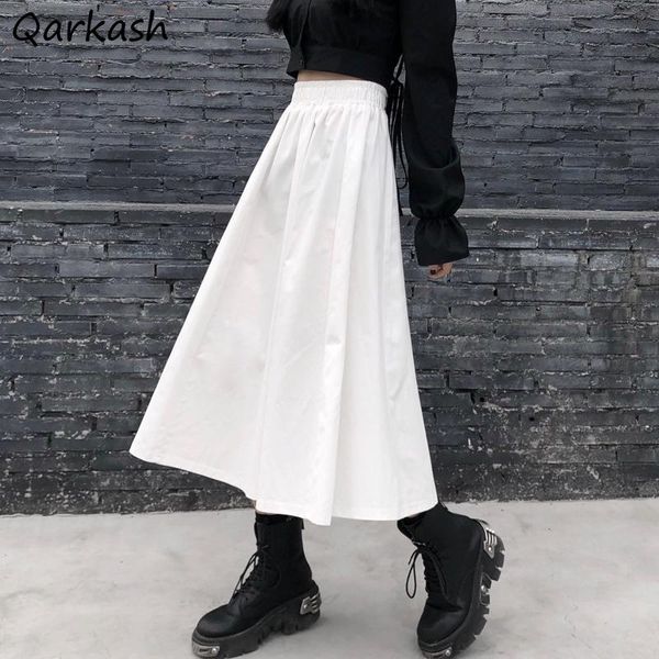 skirts autumn midi women white retro high waist slim pleated casual a-line chic harajuku collage students stretchy skirt female, Black