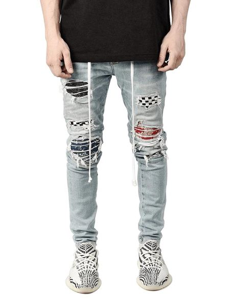 men's jeans selling fashion high street patchwork hole slim leggings hip hop pants streetwear men, Blue 
men's jeans selling fashion high street patchwork hole slim leggings hip hop pants streetwear men, Blue
