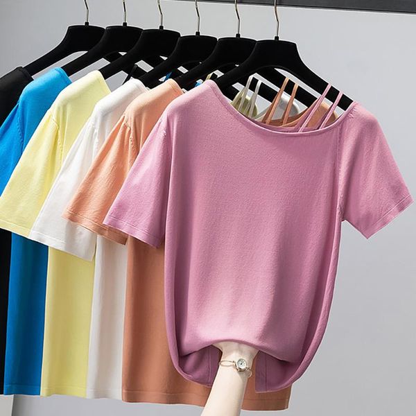 women's t-shirt summer thin knit soild tshirt woman o neck ice silk korean casual tee shirts femme off shoulder knitted camisetas femin, White
women's t-shirt summer thin knit soild tshirt woman o neck ice silk korean casual tee shirts femme off shoulder knitted camisetas femin, White
