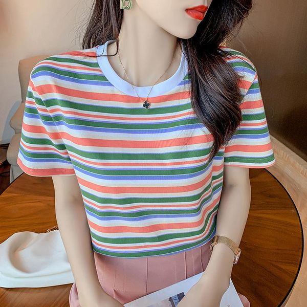 women's t-shirt summer korean version of the fashion loose and thin short-sleeved shirt temperament all-match rainbow striped women, White
women's t-shirt summer korean version of the fashion loose and thin short-sleeved shirt temperament all-match rainbow striped women, White