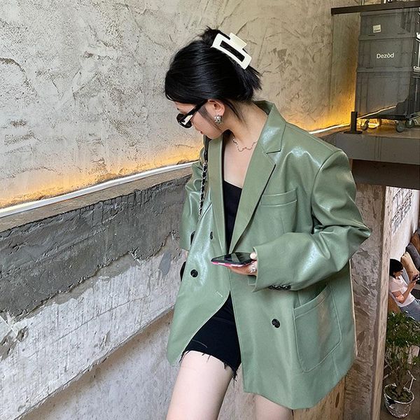 women's suits & blazers vintage women bean green faux leather autumn loose casual notched collar big pocket long sleeve suit jacket ves, White;black 
women's suits & blazers vintage women bean green faux leather autumn loose casual notched collar big pocket long sleeve suit jacket ves, White;black