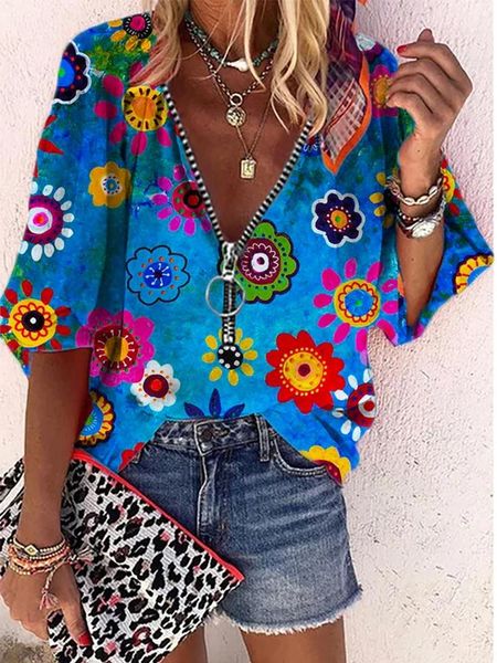 summer casual zipper v neck women t-shirt large sizes hippie floral loose short sleeve women's, White
summer casual zipper v neck women t-shirt large sizes hippie floral loose short sleeve women's, White