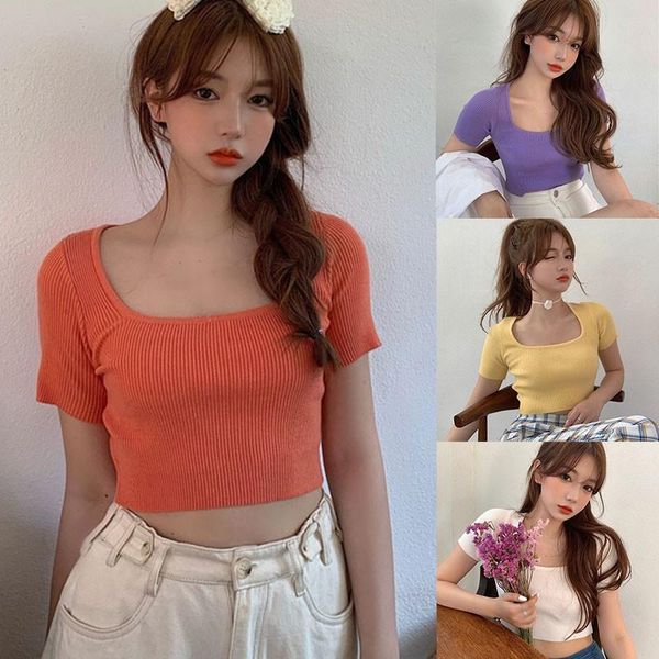 women's t-shirt korean style square collar tee shirt solid color short sleeve knitted slim fit tshirt 2021, White
women's t-shirt korean style square collar tee shirt solid color short sleeve knitted slim fit tshirt 2021, White